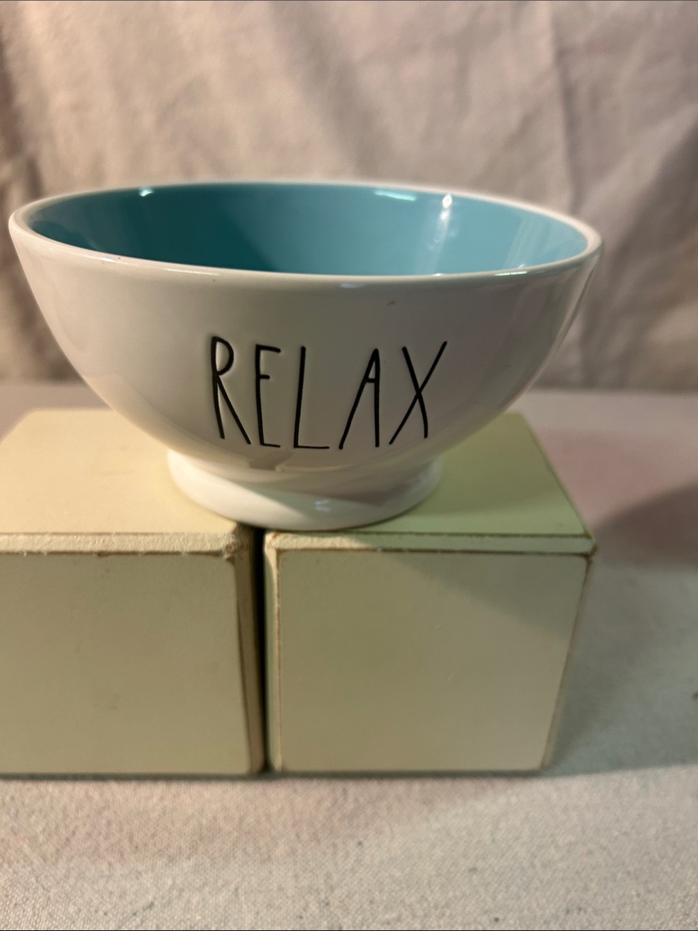 Rae Dunn RELAX Bowl with Aqua Interior and White Exterior